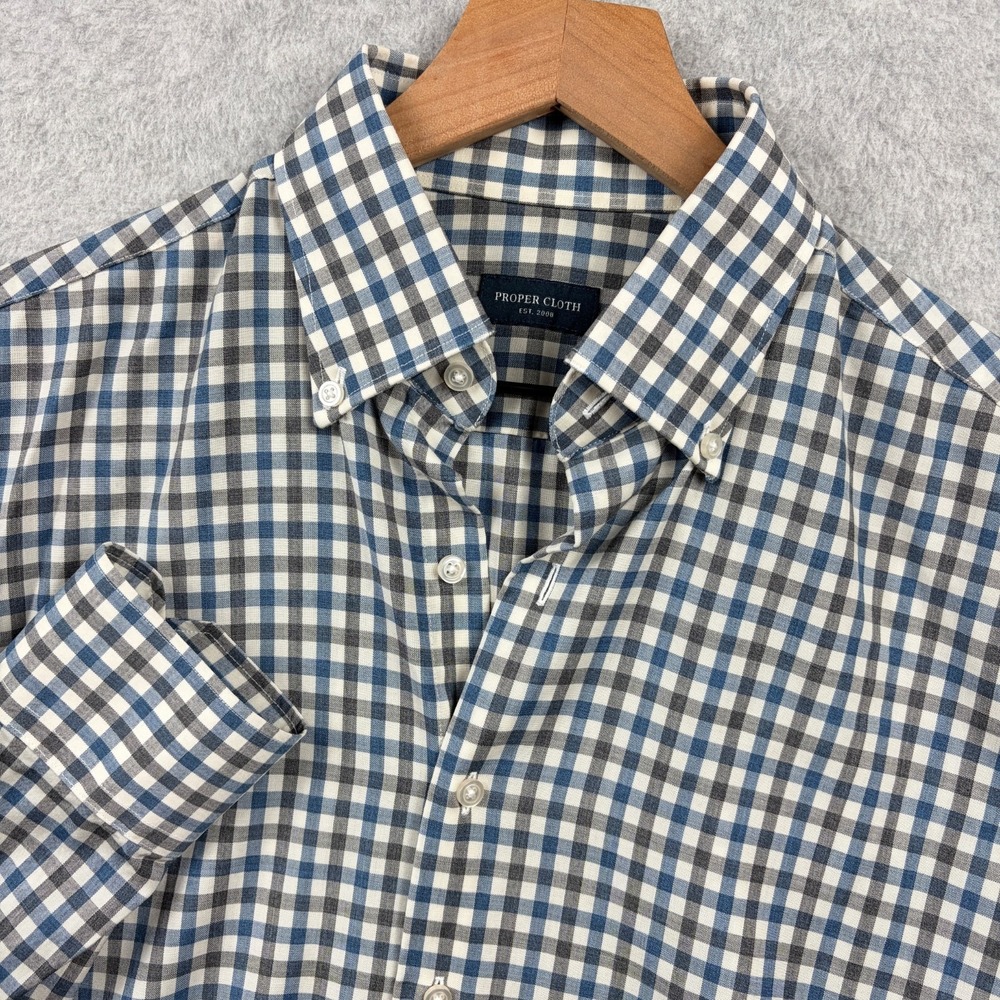 Proper Cloth Shirt Mens Medium Gray Blue Gingham Check Merino Wool Button Down